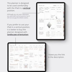 May include: Two tablets displaying a digital planner for January 2027. One tablet shows a vertical layout with a weekly grid, while the other shows a landscape layout. Text on the image provides guidance on orientation for optimal screen usage.