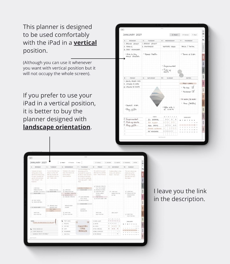 May include: Two tablets displaying a digital planner for January 2027. One tablet shows a vertical layout with a weekly grid, while the other shows a landscape layout. Text on the image provides guidance on orientation for optimal screen usage.