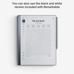 May include: A black and white digital notepad with a word search puzzle titled "Hit and Sunk - Toys and Games".