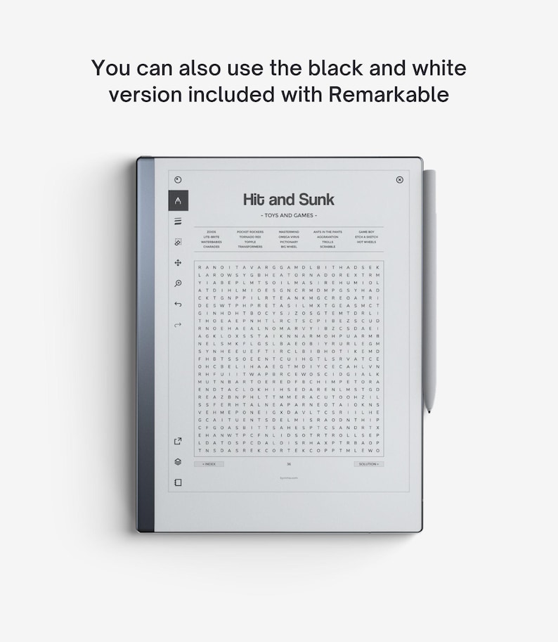 May include: A black and white digital notepad with a word search puzzle titled "Hit and Sunk - Toys and Games".