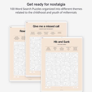 May include: Three word search puzzles with a light brown background. The puzzles are titled "Rewind", "Give me a missed call - Gadgets and Technology", and "Hit and Sunk - Toys and Games". Each puzzle has a grid of letters with words hidden within.