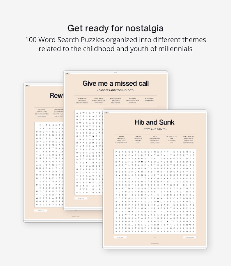 May include: Three word search puzzles with a light brown background. The puzzles are titled "Rewind", "Give me a missed call - Gadgets and Technology", and "Hit and Sunk - Toys and Games". Each puzzle has a grid of letters with words hidden within.