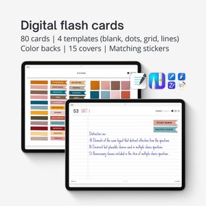 Tarjetas digitales para Goodnotes con pegatinas digitales de estudio, tarjetas del sistema para estudiantes, plantillas de 4 páginas: en blanco, líneas, puntos y cuadrícula