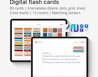 Digital flash cards for Goodnotes with study digital stickers, Student system cards, 4 page templates: blank, lines, dots and grid