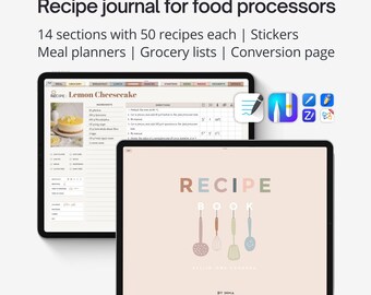 Digital recipe journal PDF for food processors. Monsieur Cuisine template for iPad and tablets. Thermomix digital recipe notebook. Landscape