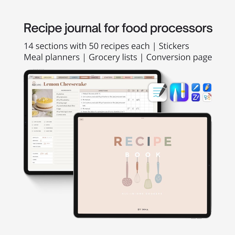 Digital recipe journal PDF for food processors. Monsieur Cuisine template for iPad and tablets. Thermomix digital recipe notebook. Landscape image 1