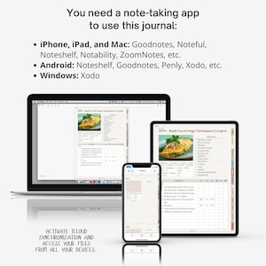 Pu&ograve; includere: Un diario digitale visualizzato su un computer portatile, un tablet e uno smartphone. Il testo recita: You need a note-taking app to use this journal: iPhone, iPad, and Mac: Goodnotes, Noteful, Noteshelf, Notability, ZoomNotes, etc. Android: Noteshelf, Goodnotes, Penly, Xodo, etc. Windows: Xodo. Activate iCloud synchronization and access your files from all your devices.