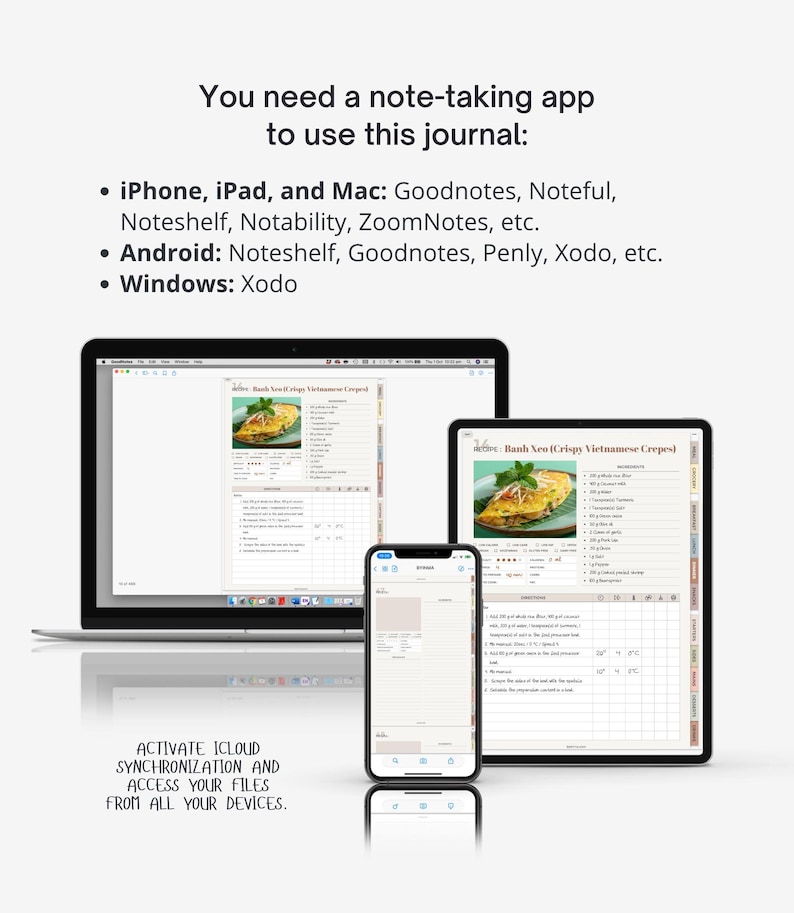 Pu&ograve; includere: Un diario digitale visualizzato su un computer portatile, un tablet e uno smartphone. Il testo recita: You need a note-taking app to use this journal: iPhone, iPad, and Mac: Goodnotes, Noteful, Noteshelf, Notability, ZoomNotes, etc. Android: Noteshelf, Goodnotes, Penly, Xodo, etc. Windows: Xodo. Activate iCloud synchronization and access your files from all your devices.