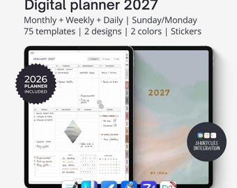 Digital planner 2027 for iPad and tablets - Portrait. Digital calendar template for GoodNotes, Noteful, Noteshelf, etc. Weekly + daily.