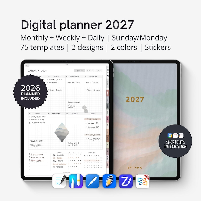 May include: A digital planner 2027 featuring monthly, weekly, and daily layouts, 75 templates, 2 designs, 2 colors, and stickers. The display shows a January 2027 calendar page and a cover page with the year 2027, including 2026 planner included text.