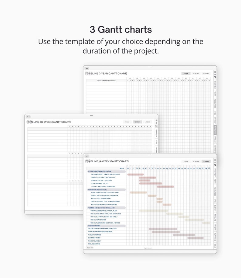 May include: Three different Gantt chart templates for project planning. The templates are labeled "Timeline (1-Year Gantt Chart)", "Timeline (12-Week Gantt Chart)", and "Timeline (4-Week Gantt Chart)".