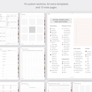May include: A digital planner interface displaying 10 custom sections, 62 extra templates, and 13 note pages. The layout features various organizational tools including personal, productivity, wellness, and finance trackers with text labels.