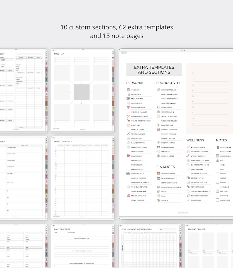 May include: A digital planner interface displaying 10 custom sections, 62 extra templates, and 13 note pages. The layout features various organizational tools including personal, productivity, wellness, and finance trackers with text labels.