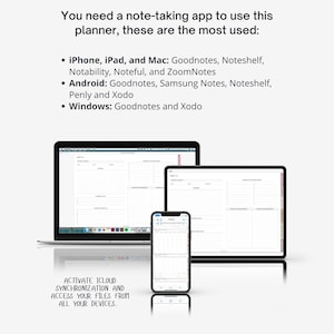 May include: A digital planner app displayed on a laptop, tablet, and smartphone. The text on the screen reads "Activate iCloud Synchronization and access your files from all your devices."