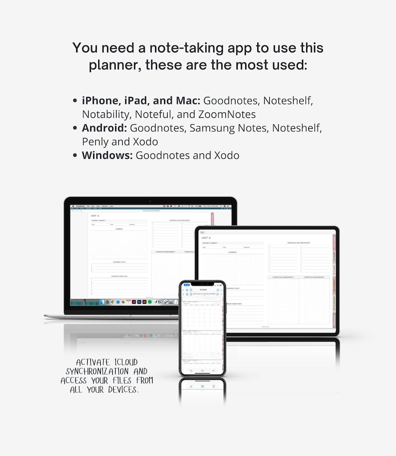 May include: A digital planner app displayed on a laptop, tablet, and smartphone. The text on the screen reads "Activate iCloud Synchronization and access your files from all your devices."