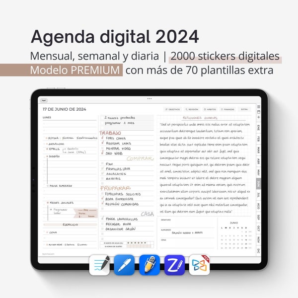 Agenda digital 2024 minimalista para iPad. Planificador interactivo en PDF para tablet. Úsalo con Goodnotes, Notability o Noteshelf