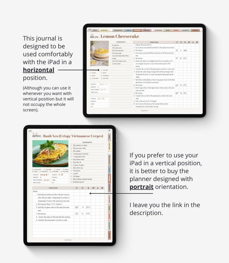 Digital recipe journal PDF for food processors. Monsieur Cuisine template for iPad and tablets. Thermomix digital recipe notebook. Landscape image 7