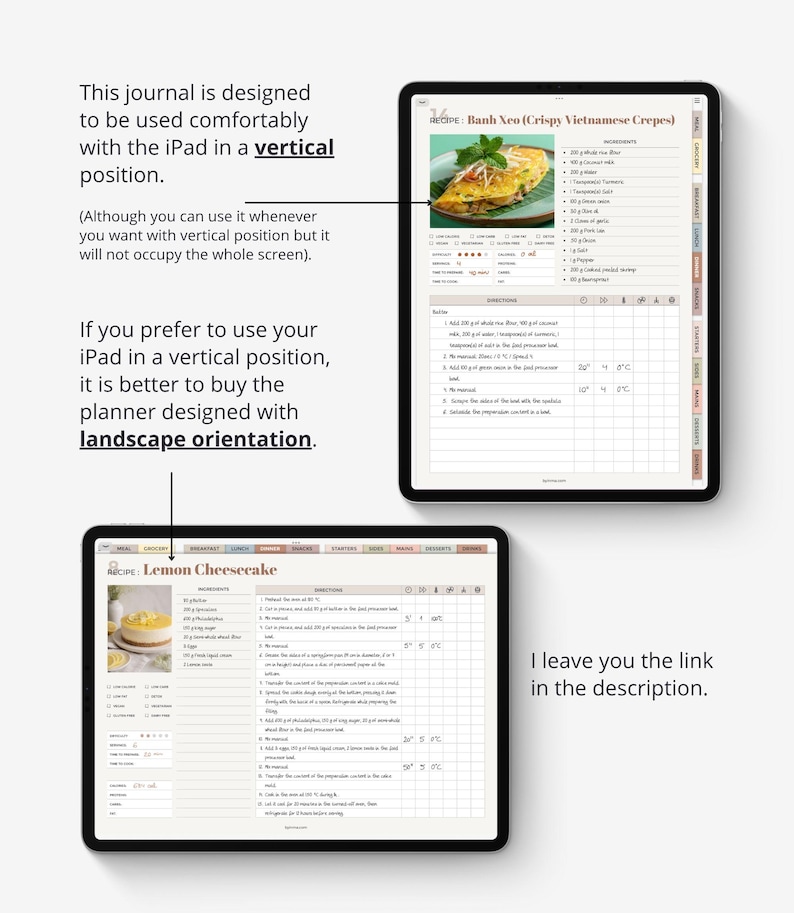 Pu&ograve; includere: Due tablet che mostrano pianificatori di ricette digitali. Il tablet in alto mostra una ricetta di Banh Xeo in orientamento verticale. Il tablet in basso mostra una ricetta di cheesecake al limone in orizzontale con liste di ingredienti.