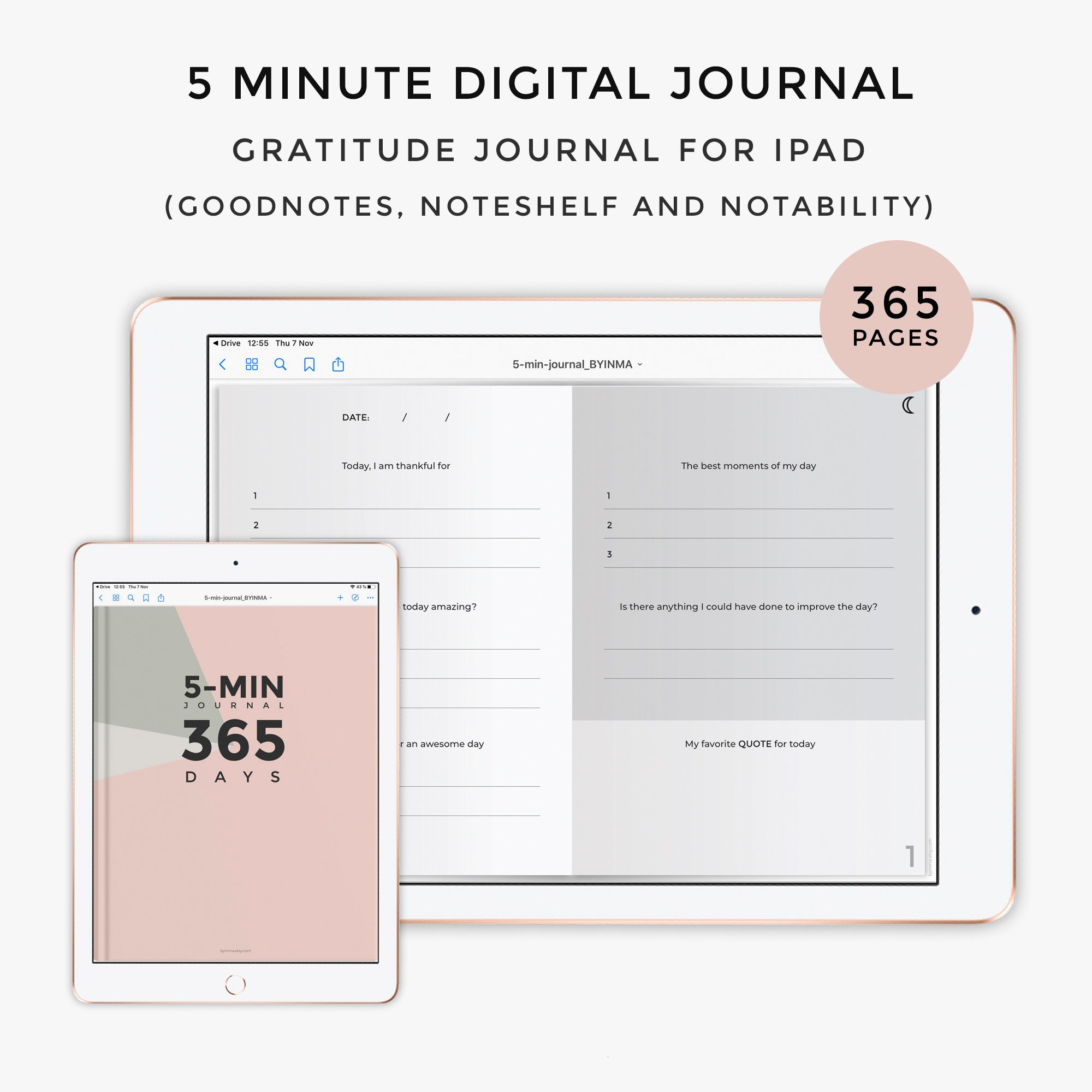 Gratitude Journal Digital. 5 Minute Journal for iPad Pro With 365 Pages and  Index With Hyperlinks. for Goodnotes, Notability & Noteshelf 