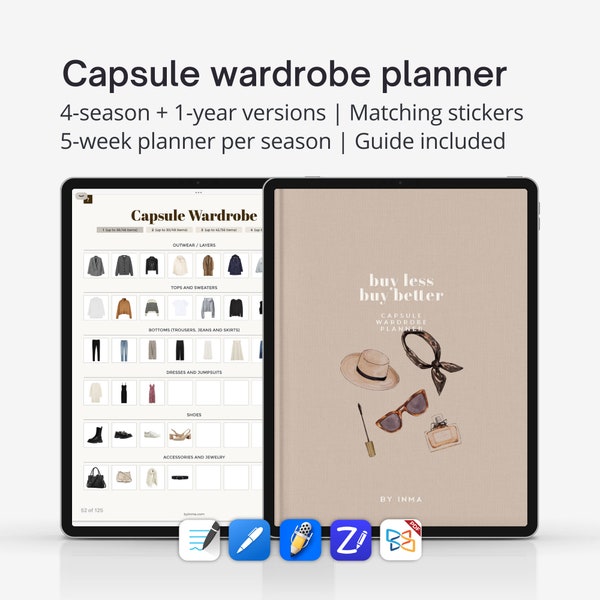 Capsule wardrobe planner for iPad, Digital outfit planner for Goodnotes with hyperlinks, 4-seasons and 1-year planner versions included