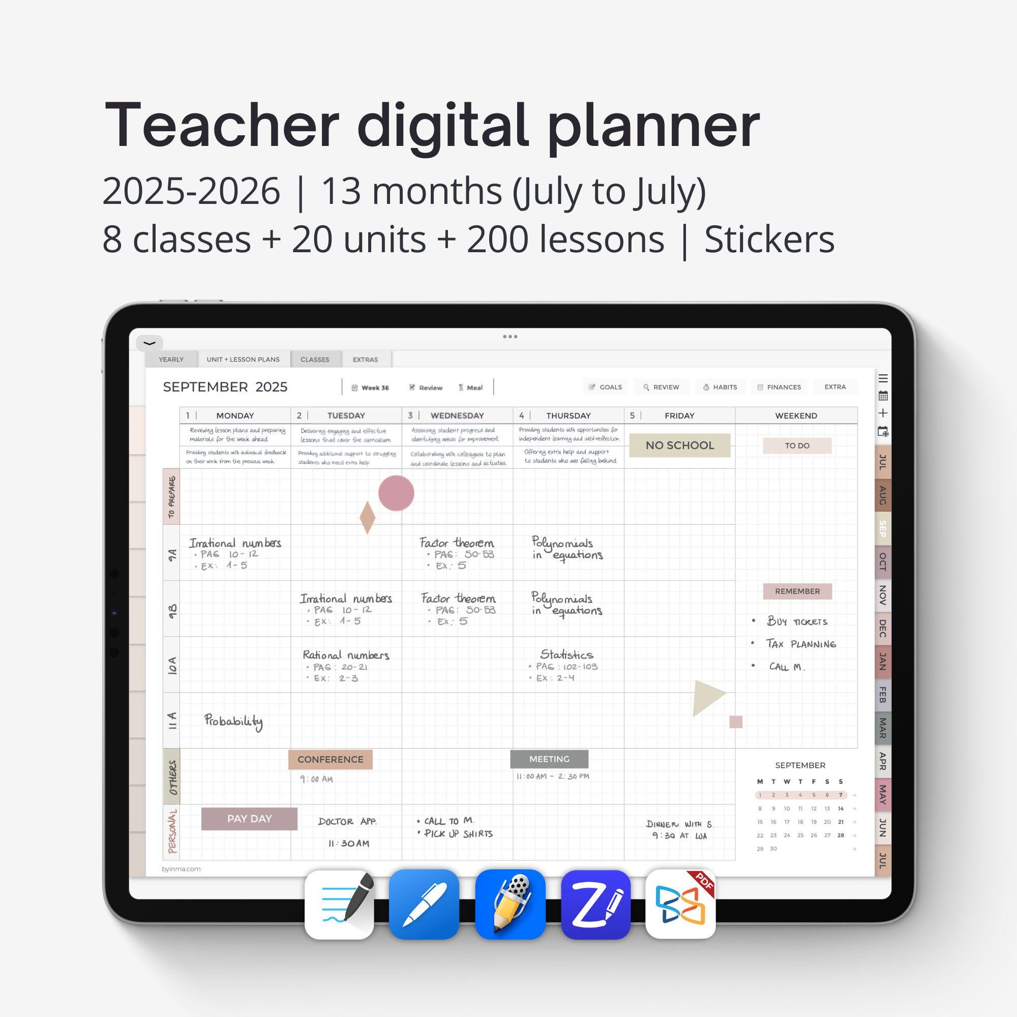 Digital teacher planner 2025-2026, Lesson planner Goodnotes, Academic planner, Digital teacher stickers, Teacher planner for iPad