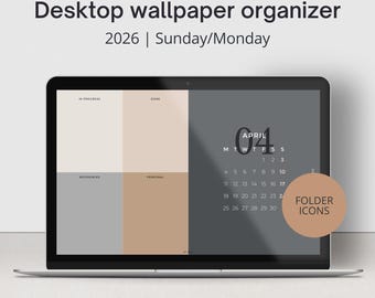 Aesthetic desktop wallpaper organizer 2026, Minimal desktop background calendar, Desktop organizer Mac Windows, Desktop folder icons