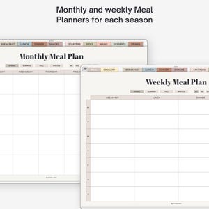 May include: Digital monthly and weekly meal planners with tabs for breakfast, lunch, dinner, snacks, starters, sides, mains, desserts, and drinks. The interface includes seasonal labels for spring, summer, fall, and winter, with the text byinma.com.