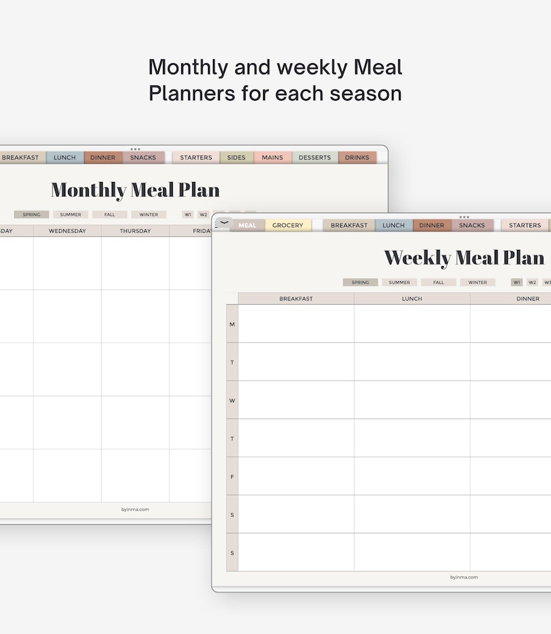 May include: Digital monthly and weekly meal planners with tabs for breakfast, lunch, dinner, snacks, starters, sides, mains, desserts, and drinks. The interface includes seasonal labels for spring, summer, fall, and winter, with the text byinma.com.