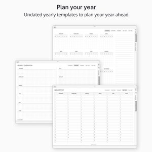 May include: Three printable planner templates for planning a year. The first template is a yearly overview with space for each month. The second template is a semester planner with space for each month. The third template is a calendar planner with space for each month and a notes section.