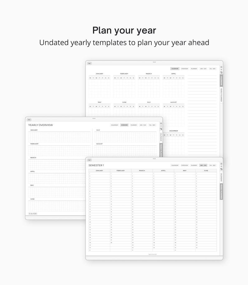 May include: Three printable planner templates for planning a year. The first template is a yearly overview with space for each month. The second template is a semester planner with space for each month. The third template is a calendar planner with space for each month and a notes section.