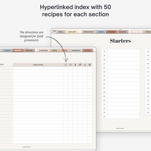 May include: A digital recipe planner interface featuring a hyperlinked index with 50 recipes per section. The layout includes tabs for meal, grocery, breakfast, lunch, dinner, snacks, starters, sides, mains, desserts, and drinks with a grid for directions.