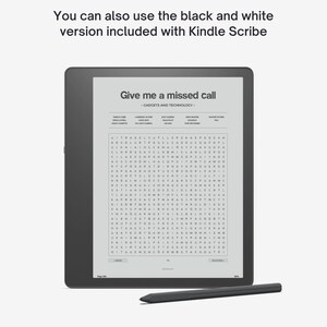 May include: A black and white e-reader with a gray stylus. The screen displays a word search puzzle titled "Give me a missed call - Gadgets and Technology - "