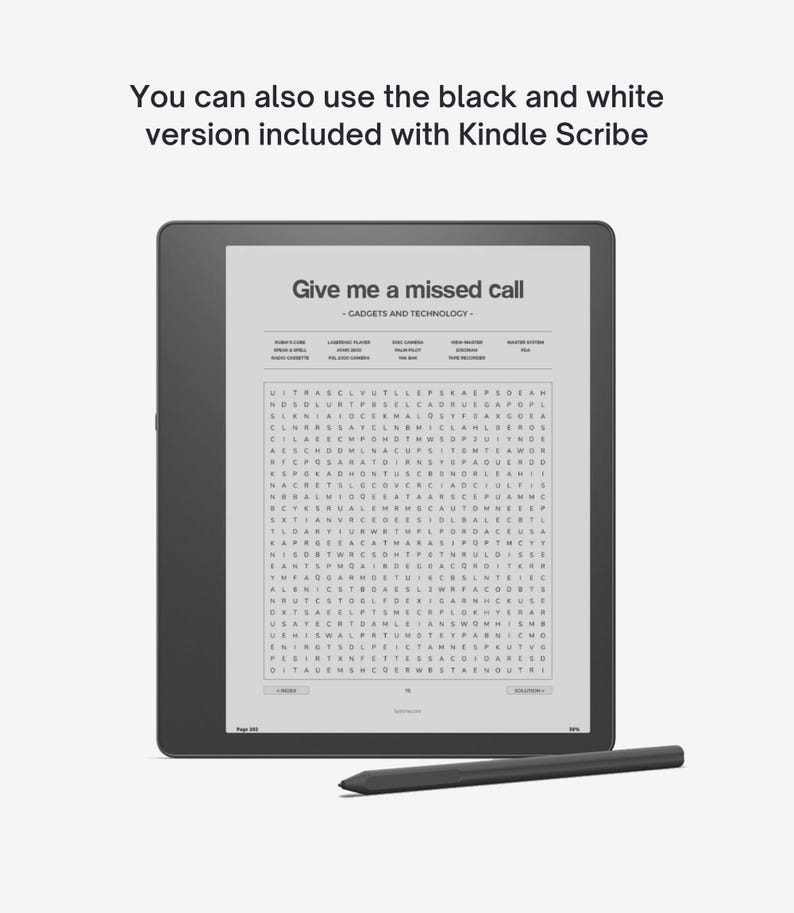 May include: A black and white e-reader with a gray stylus. The screen displays a word search puzzle titled "Give me a missed call - Gadgets and Technology - "