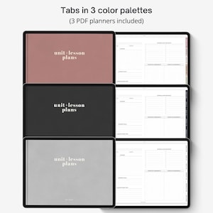 May include: Three digital planners with tabs, each with a different color background. The tabs say "unit+lesson plans" in white text. The planners are for lesson planning.