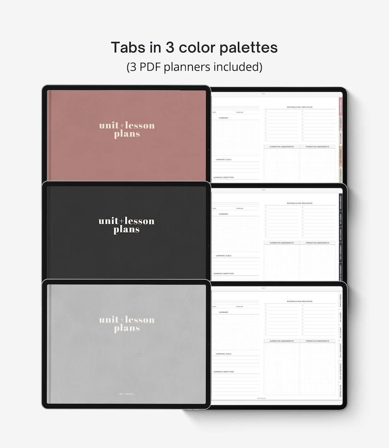 May include: Three digital planners with tabs, each with a different color background. The tabs say "unit+lesson plans" in white text. The planners are for lesson planning.