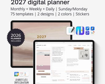 Digital planner 2027 for iPad and tablets - Landscape. Digital calendar template for GoodNotes, Noteful, Noteshelf, etc. Weekly + daily.