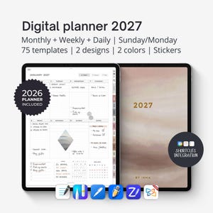 Digital planner 2027 for iPad and tablets - Portrait. Digital calendar template for GoodNotes, Noteful, Noteshelf, etc. Weekly + daily.