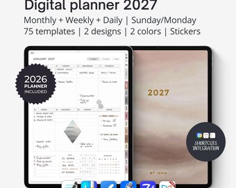 Digital planner 2027 for iPad and tablets - Portrait. Digital calendar template for GoodNotes, Noteful, Noteshelf, etc. Weekly + daily.