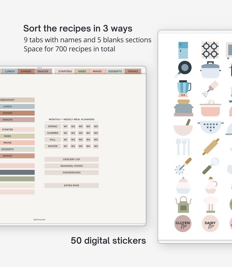 Digital recipe journal PDF for food processors. Monsieur Cuisine template for iPad and tablets. Thermomix digital recipe notebook. Landscape image 2
