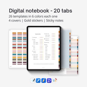 Digital notebook Goodnotes iPad, Notability journal with tabs. Digital stickers included to customize covers. 20 linked sections