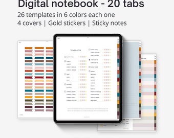 Digital notebook Goodnotes iPad, Notability journal with tabs. Digital stickers included to customize covers. 20 linked sections