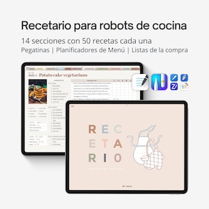 Puede incluir: Recetario digital para robots de cocina con 14 secciones de 50 recetas cada una, pegatinas, planificadores de menú y listas de la compra. La pantalla muestra una receta de pastel de patata y una ilustración con el texto RECETARIO.