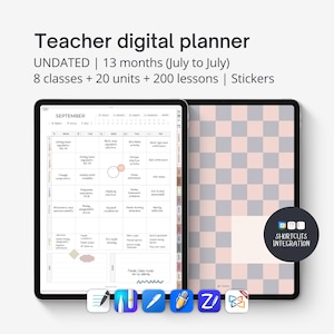 Undated digital teacher planner for iPad & tablets. Digital lesson planner PDF for Goodnotes, Noteful, Noteshelf. Weekly + Daily. Portrait