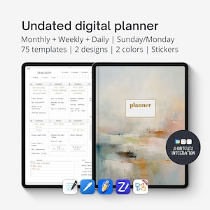 May include: A digital planner app on an iPad screen. The app has a monthly calendar view with handwritten notes. The app also has a weekly and daily view. The app is designed with a watercolor background and the text "planner" in gold. The app is compatible with Shortcuts integration.