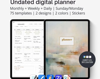 Digital planner portrait Goodnotes UNDATED, Aesthetic iPad daily planner with small grid base, Notehelf planner, Shortcuts integration