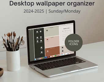 Desktop wallpaper organizer for work with calendar 2024, Desktop background wallpaper neutral, Desktop organizer, Desktop icons, 2024-2025