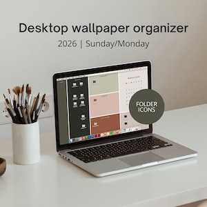 Organizzatore di sfondi per desktop per lavorare con il calendario 2026, Sfondo per desktop neutro, Organizzatore per desktop, Icone per desktop