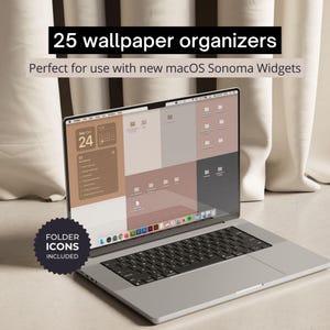 Puede incluir: Un portátil plateado muestra un escritorio con un fondo de pantalla con bloques de color. La pantalla muestra un widget de calendario e iconos de carpeta. El texto en la pantalla dice "25 organizadores de fondos de pantalla" y "Perfecto para usar con los nuevos widgets de macOS Sonoma."
