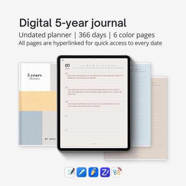 Journal de 5 ans, agenda numérique Goodnotes, livre de souvenirs d'une ligne par jour pour iPad avec 365 pages et liens hypertexte. Cahier non daté