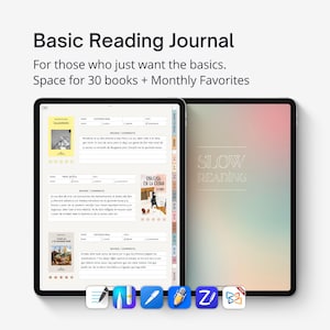 Könnte beinhalten: Ein digitales Tablet mit einem Lesetagebuch mit Buchbesprechungsabschnitten und dem Text "Basic Reading Journal". Das Journal bietet Platz für 30 Bücher und monatliche Favoriten. Ein zweites Tablet zeigt den Text "SLOW READING".